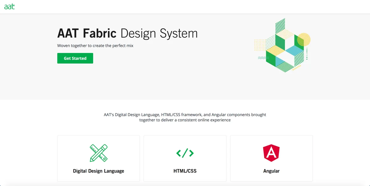 The AAT Fabric design system homepage showing its design language, HTML and CSS framework, and Angular components.