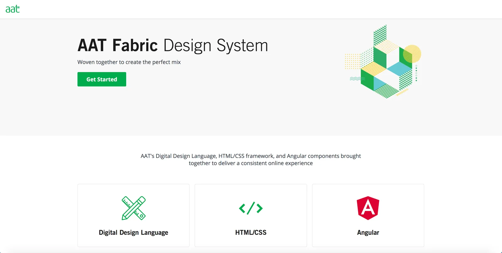 The AAT Fabric design system homepage showing its design language, HTML and CSS framework, and Angular components.