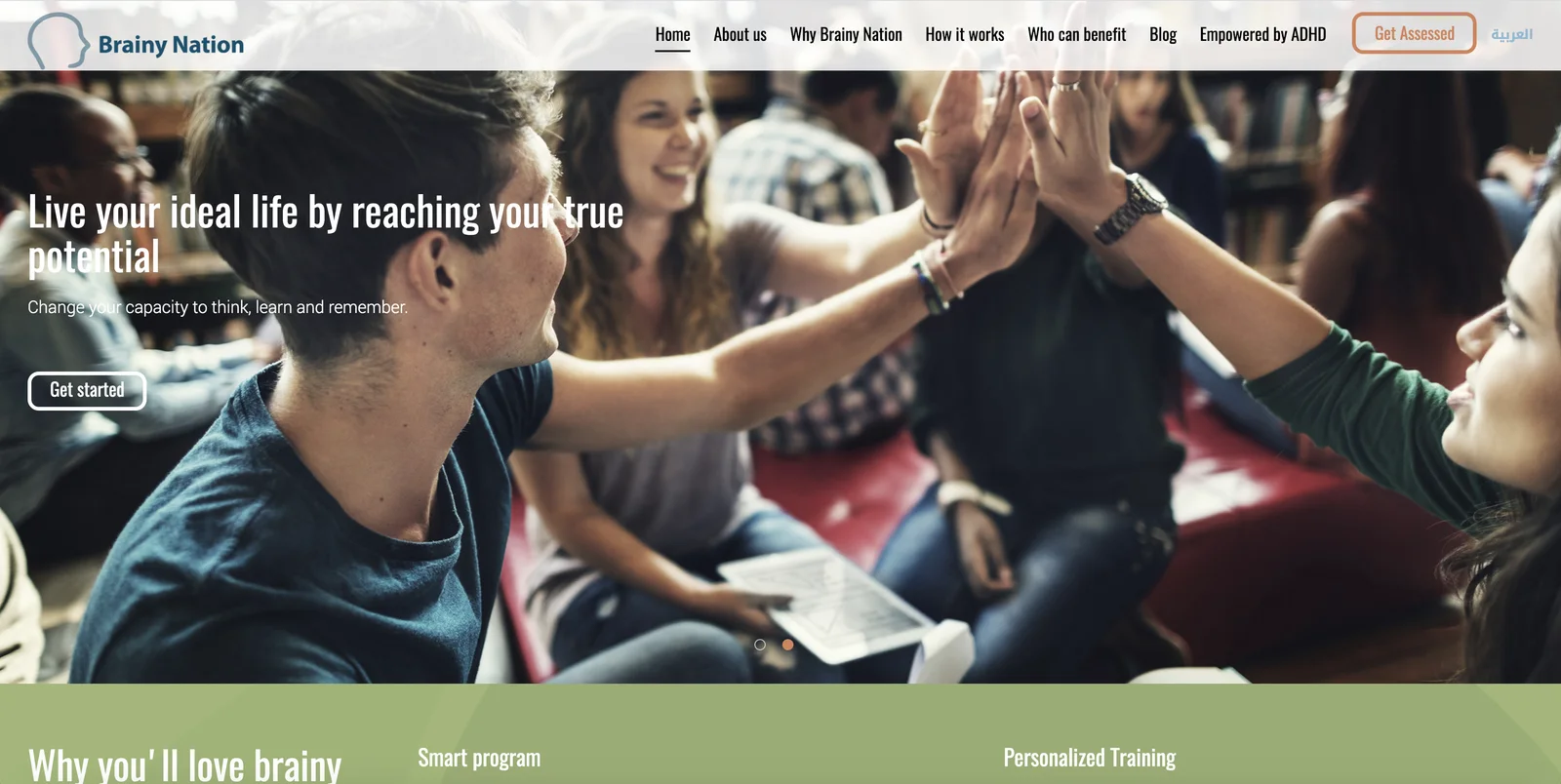 The Brainy Nation website homepage with educational programmes, illustrations, and calls to action.