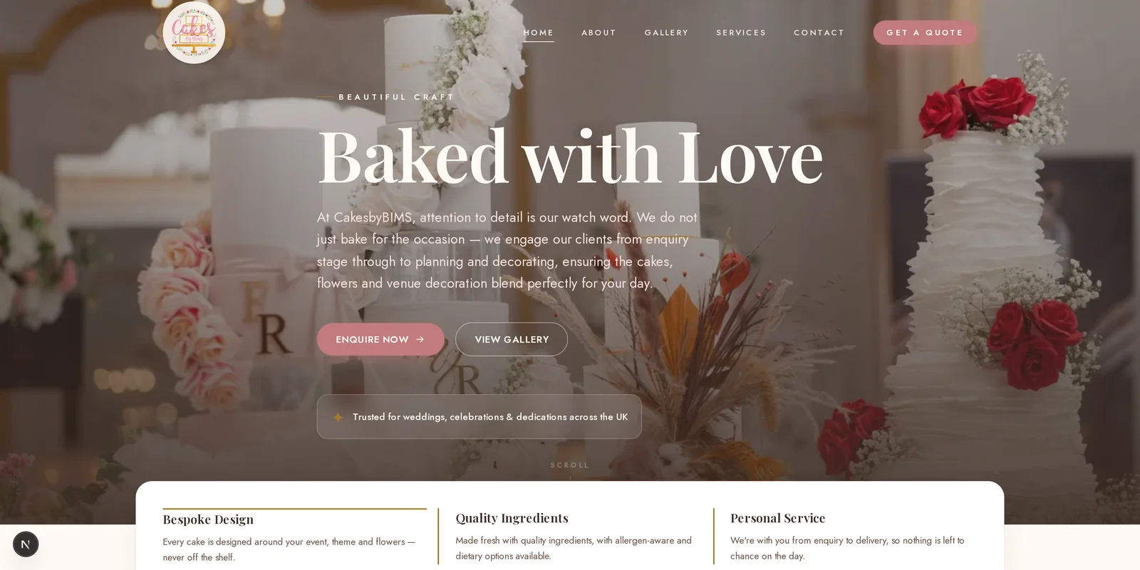 The redesigned CakesbyBIMS homepage with a hero photograph, tagline and call to action.