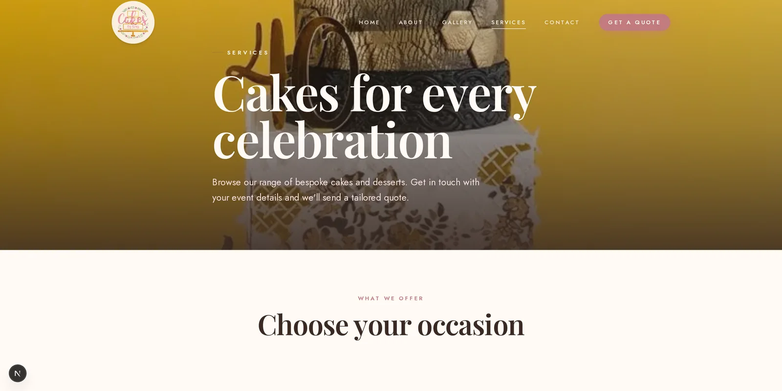 The CakesbyBIMS services page listing cake types with a call to enquire for a quote.