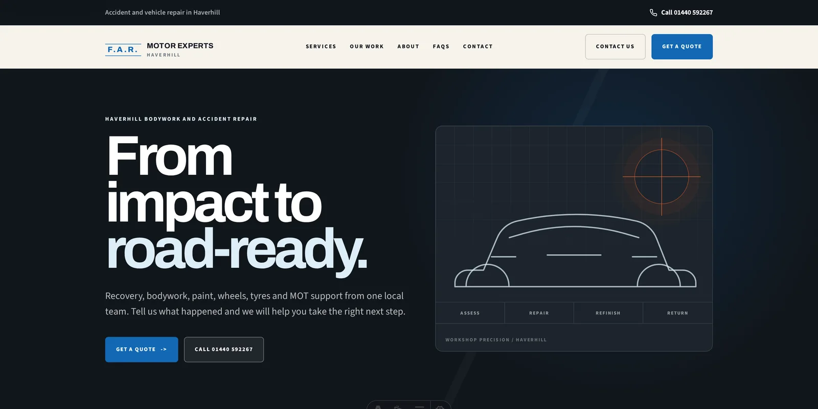 The F.A.R. Motor Experts homepage with a bold headline and workshop repair process diagram.