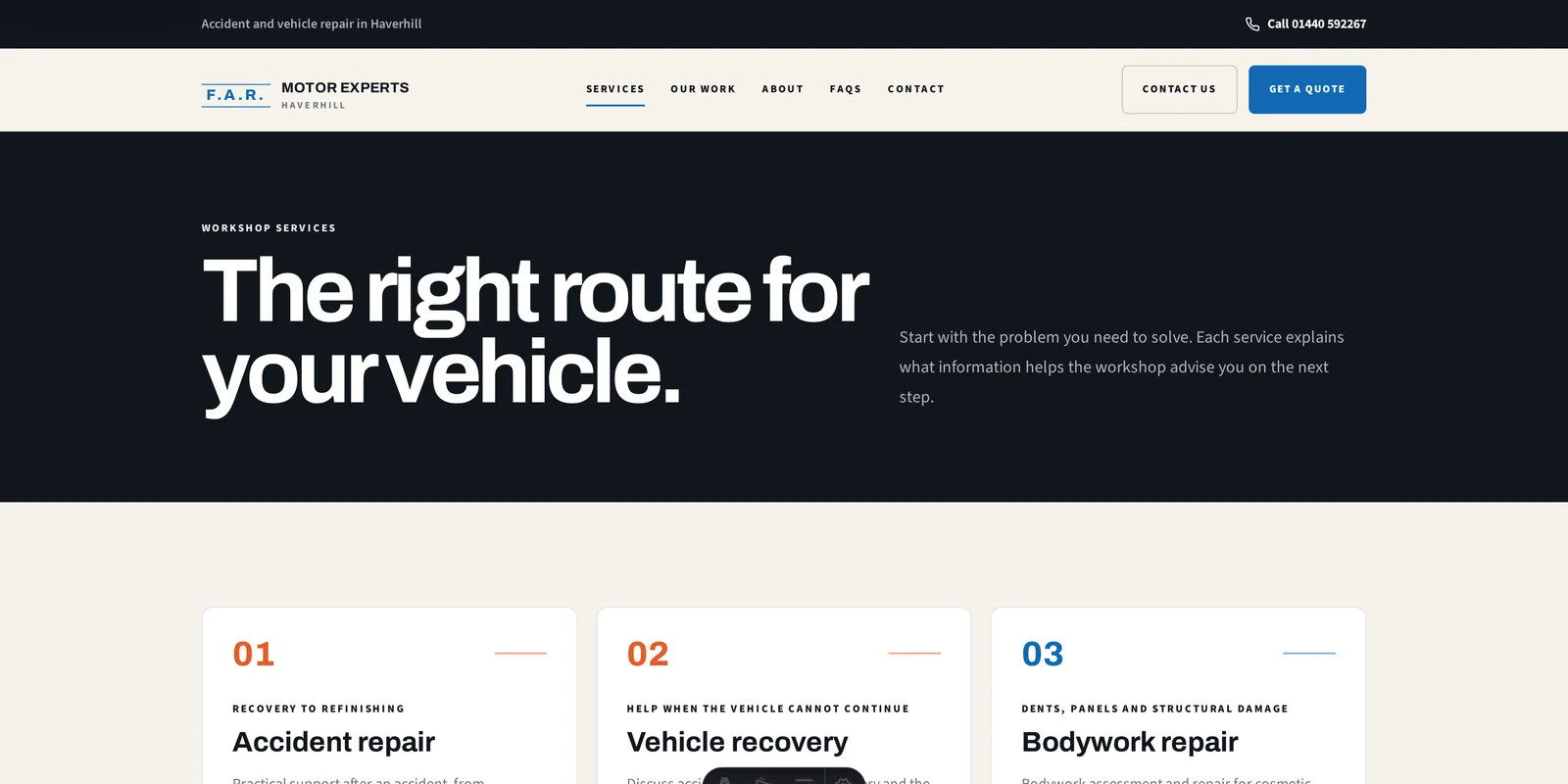 The F.A.R. Motor Experts services page listing accident repair, vehicle recovery and bodywork repair.