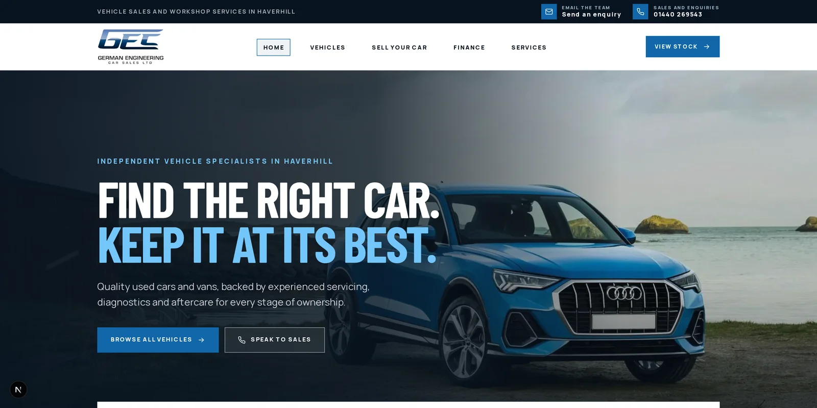 The German Engineering Car Specialists homepage with a hero vehicle photograph and primary calls to action.