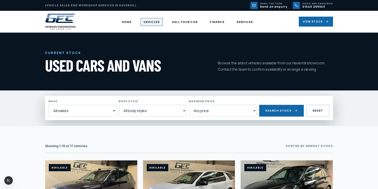 The German Engineering vehicles page listing used cars and vans for sale.