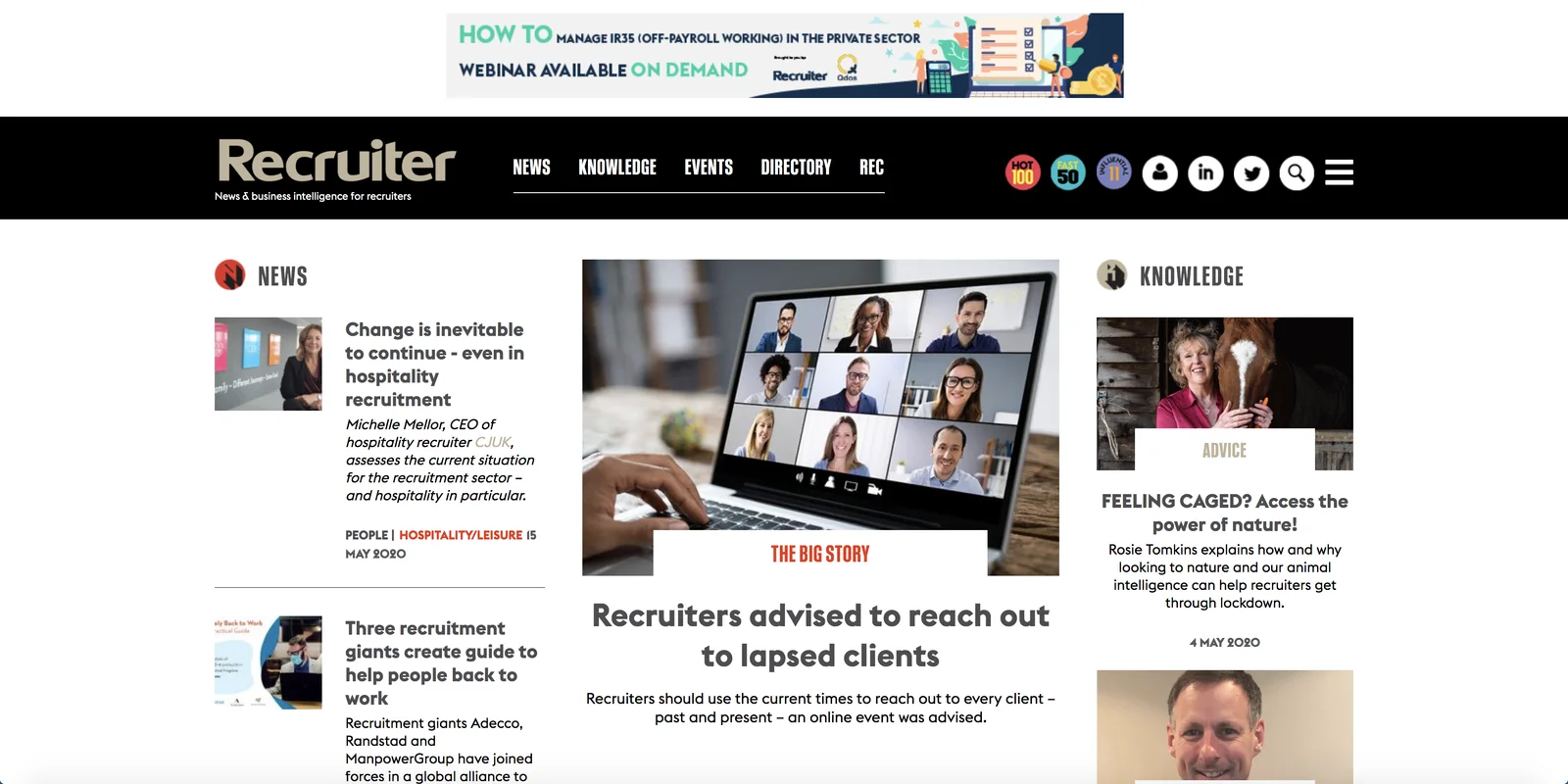 The redesigned Recruiter website homepage with editorial stories, navigation, and recruitment content.