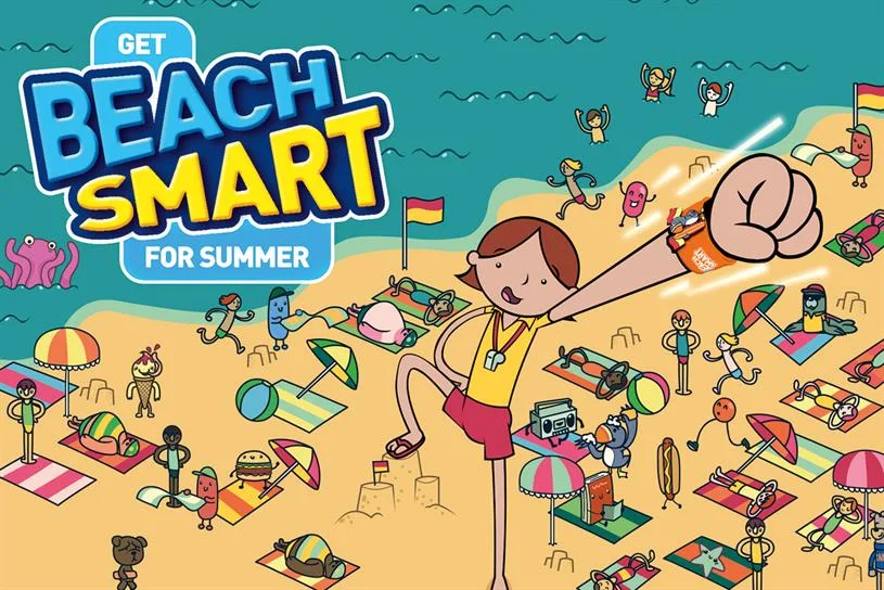 Colourful RNLI Beach Smart campaign artwork featuring a lifeguard and children on a beach.