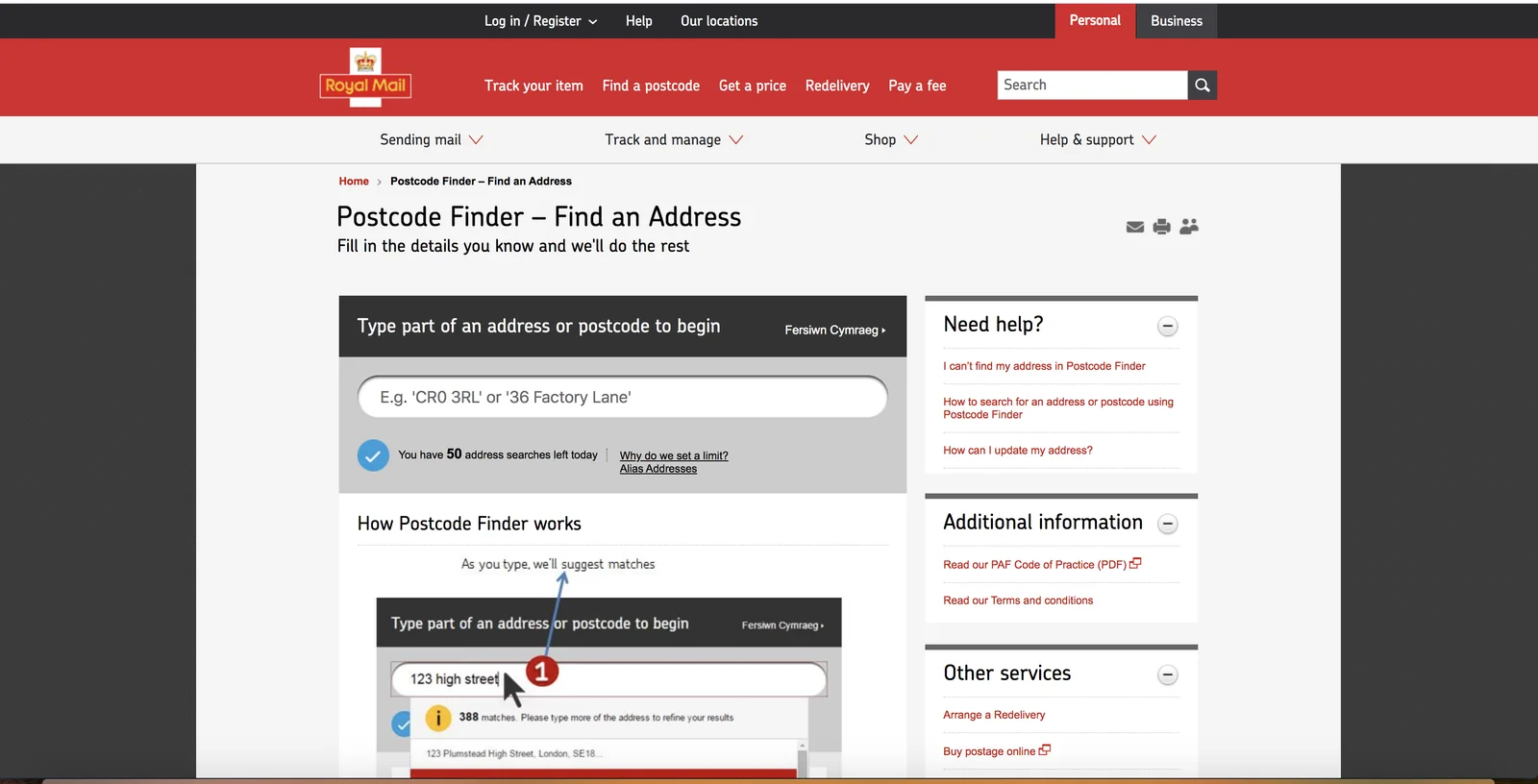A further Royal Mail interface demonstrating the wider modular website system.