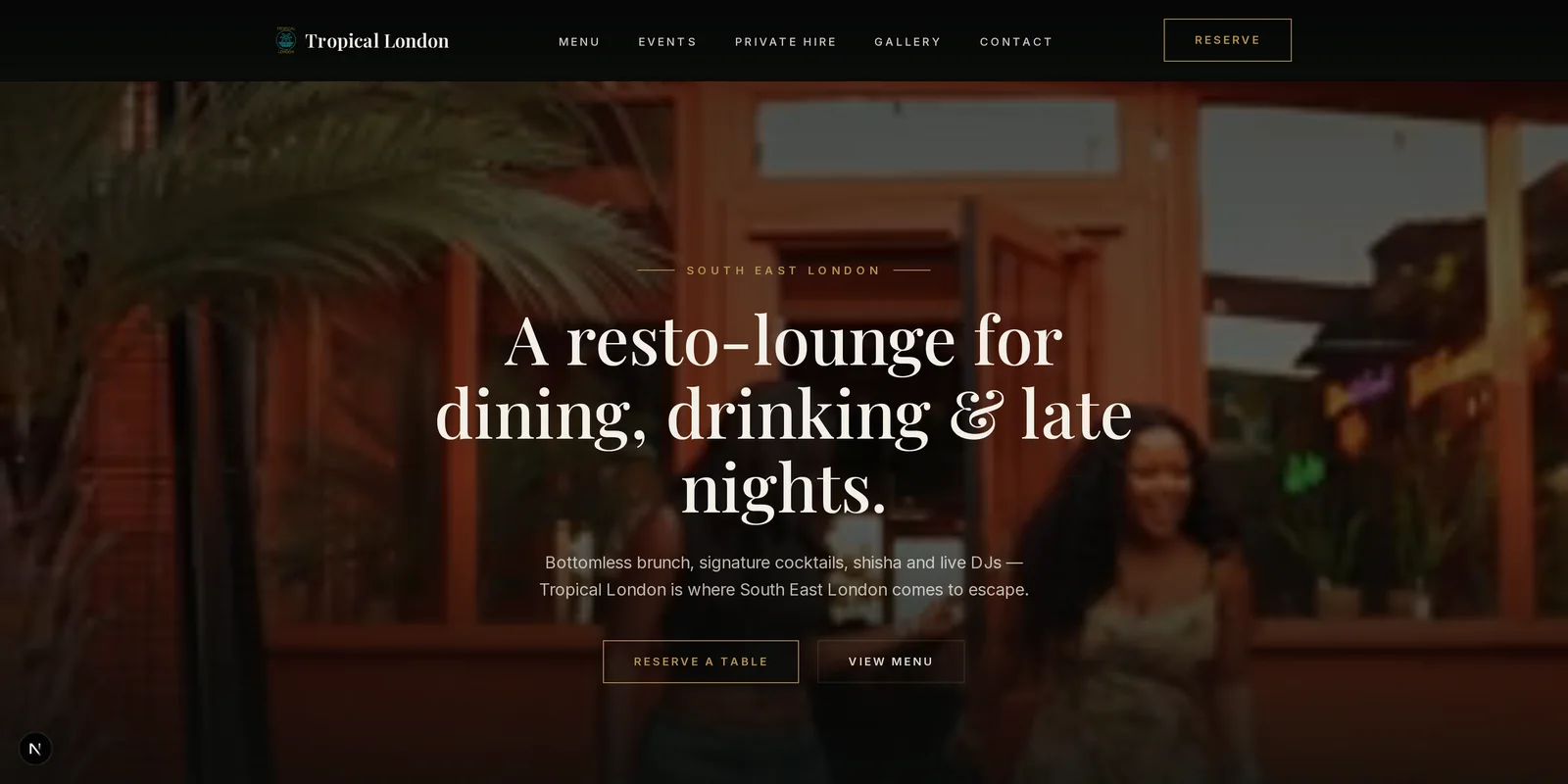 The Tropical London homepage with a hero photograph and a resto-lounge tagline.