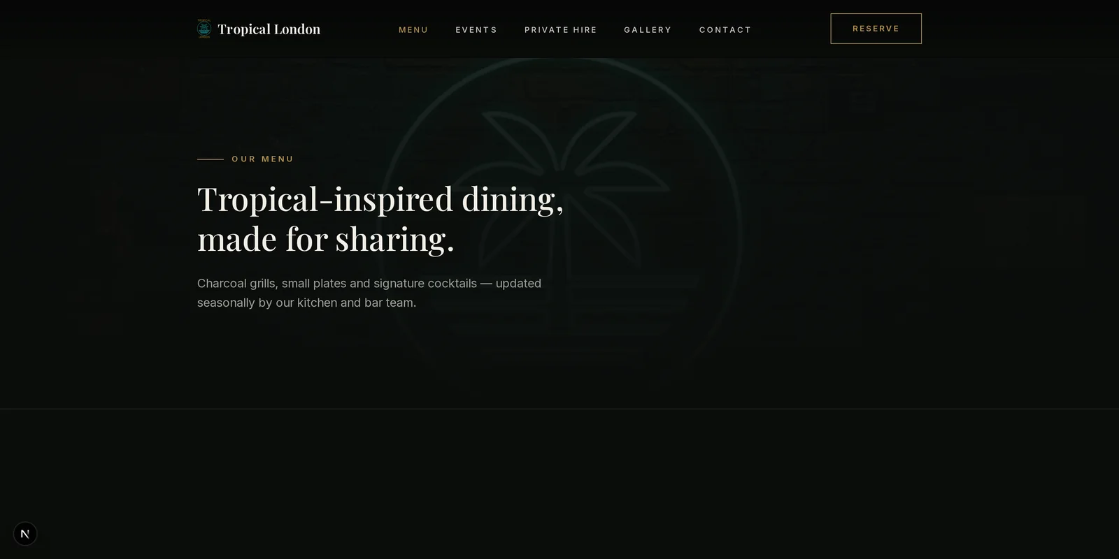 The Tropical London menu page listing dishes and drinks by category.